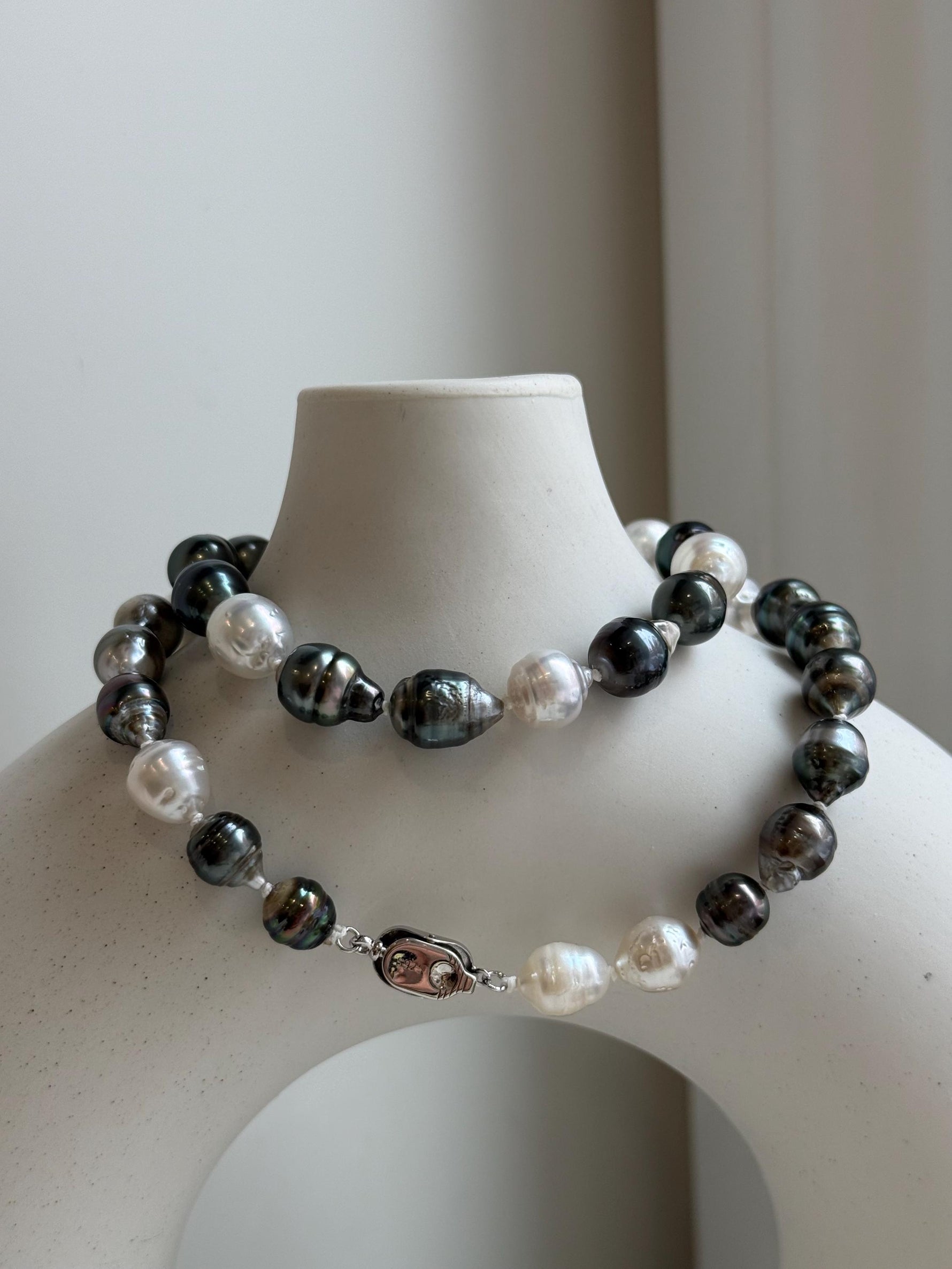 Elly’s 7.8-9.5mm Tahitian platinum Australian Ocean Pearls Necklace: extreme luster mirrored, knotted, 18.4”, S925 silver necklace.