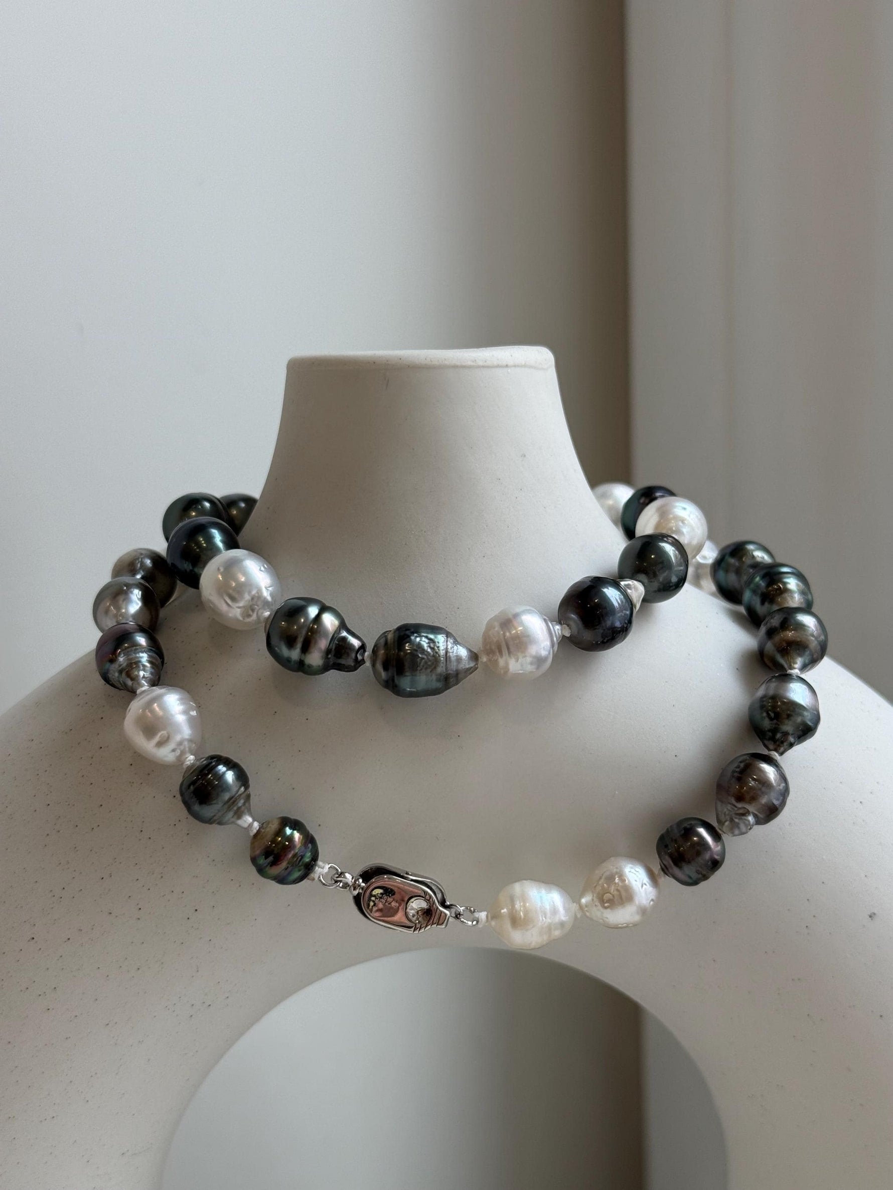 Elly’s 7.8-9.5mm Tahitian platinum Australian Ocean Pearls Necklace: extreme luster mirrored, knotted, 18.4”, S925 silver necklace. gift for her Valentine’s Day