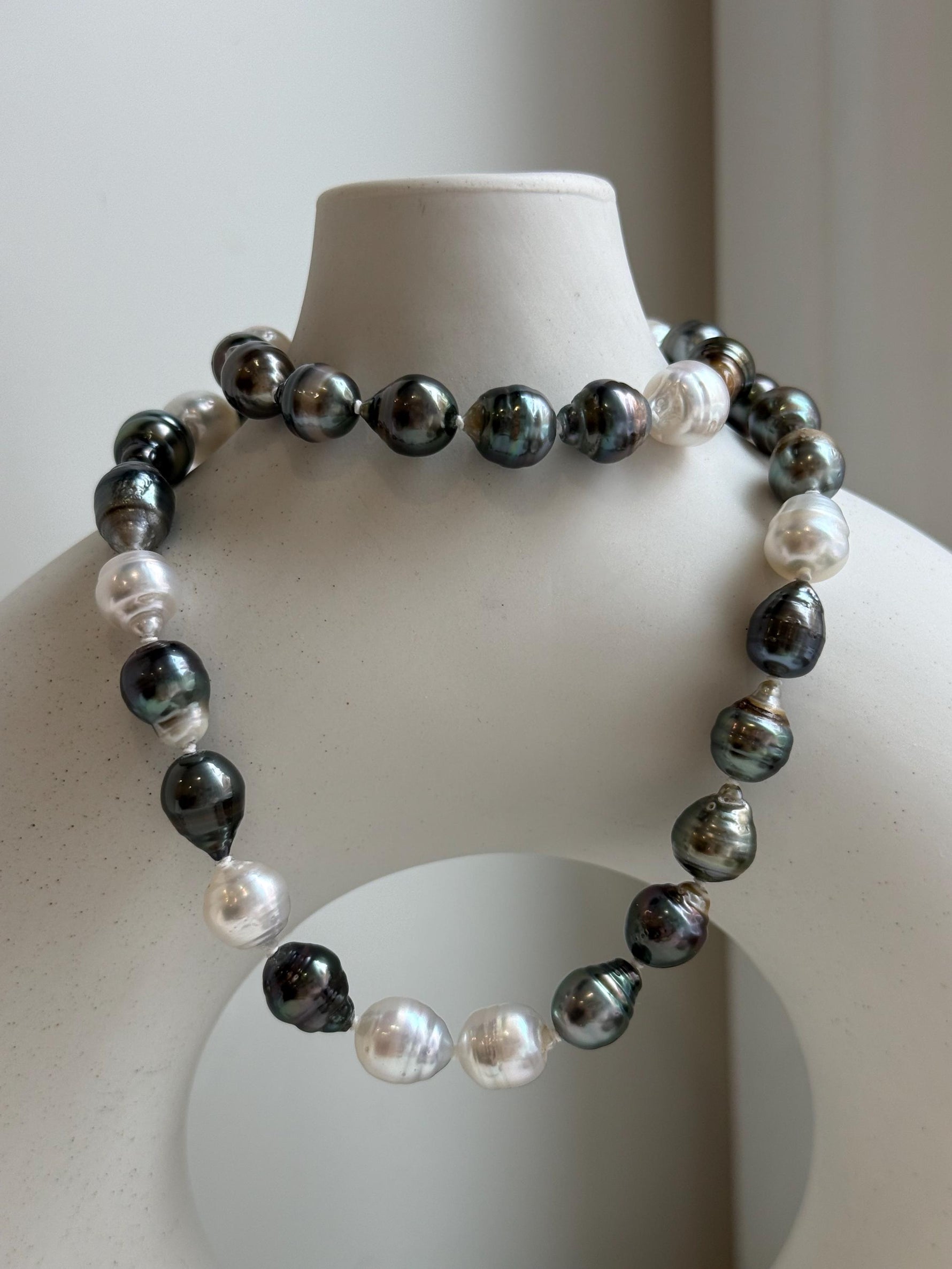 Elly’s 7.8-9.5mm Tahitian platinum Australian Ocean Pearls Necklace: extreme luster mirrored, knotted, 18.4”, S925 silver necklace. gift for her
