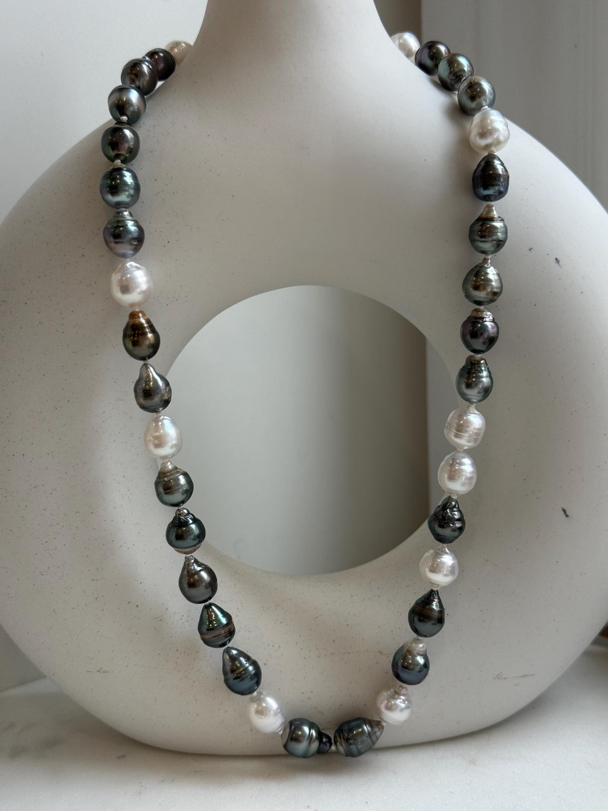 Elly’s 7.8-9.5mm Tahitian platinum Australian Ocean Pearls Necklace: extreme luster mirrored, knotted, 18.4”, S925 silver necklace.