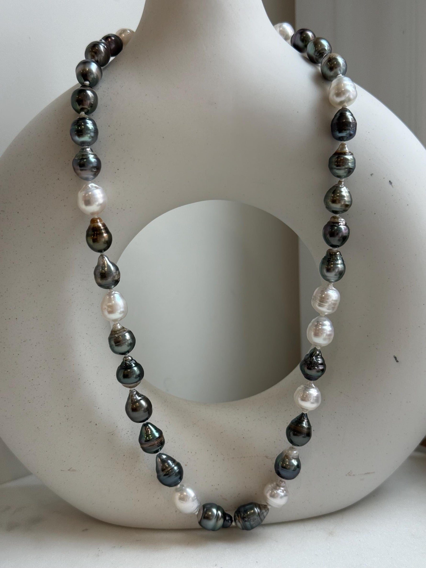 Elly’s 7.8-9.5mm Tahitian platinum Australian Ocean Pearls Necklace: extreme luster mirrored, knotted, 18.4”, S925 silver necklace.