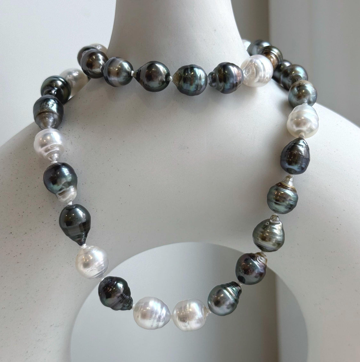 Elly’s 7.8-9.5mm Tahitian platinum Australian Ocean Pearls Necklace: extreme luster mirrored, knotted, 18.4”, S925 silver necklace.
