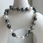 Elly’s 7.8-9.5mm Tahitian platinum Australian Ocean Pearls Necklace: extreme luster mirrored, knotted, 18.4”, S925 silver necklace.