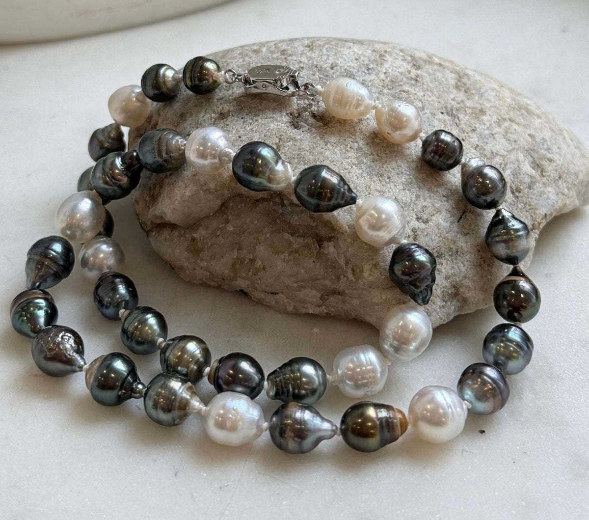 Elly’s 7.8-9.5mm Tahitian platinum Australian Ocean Pearls Necklace: extreme luster mirrored, knotted, 18.4”, S925 silver necklace. gift for her birthday