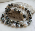 Elly’s 7.8-9.5mm Tahitian platinum Australian Ocean Pearls Necklace: extreme luster mirrored, knotted, 18.4”, S925 silver necklace. gift for her birthday