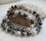 Elly’s 7.8-9.5mm Tahitian platinum Australian Ocean Pearls Necklace: extreme luster mirrored, knotted, 18.4”, S925 silver necklace.