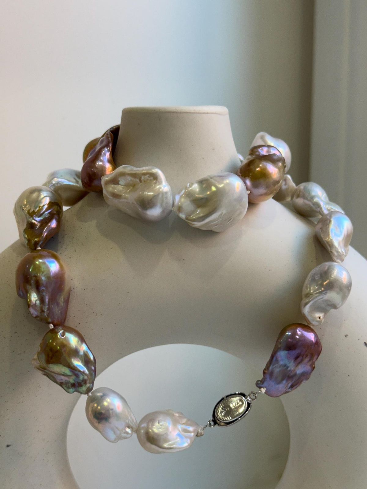Elly’s 20.7” to 29mm Freshwater white rose gold iridescent Baroque Pearls Necklace: extreme luster mirrored, knotted, S925 silver necklace.gift for her