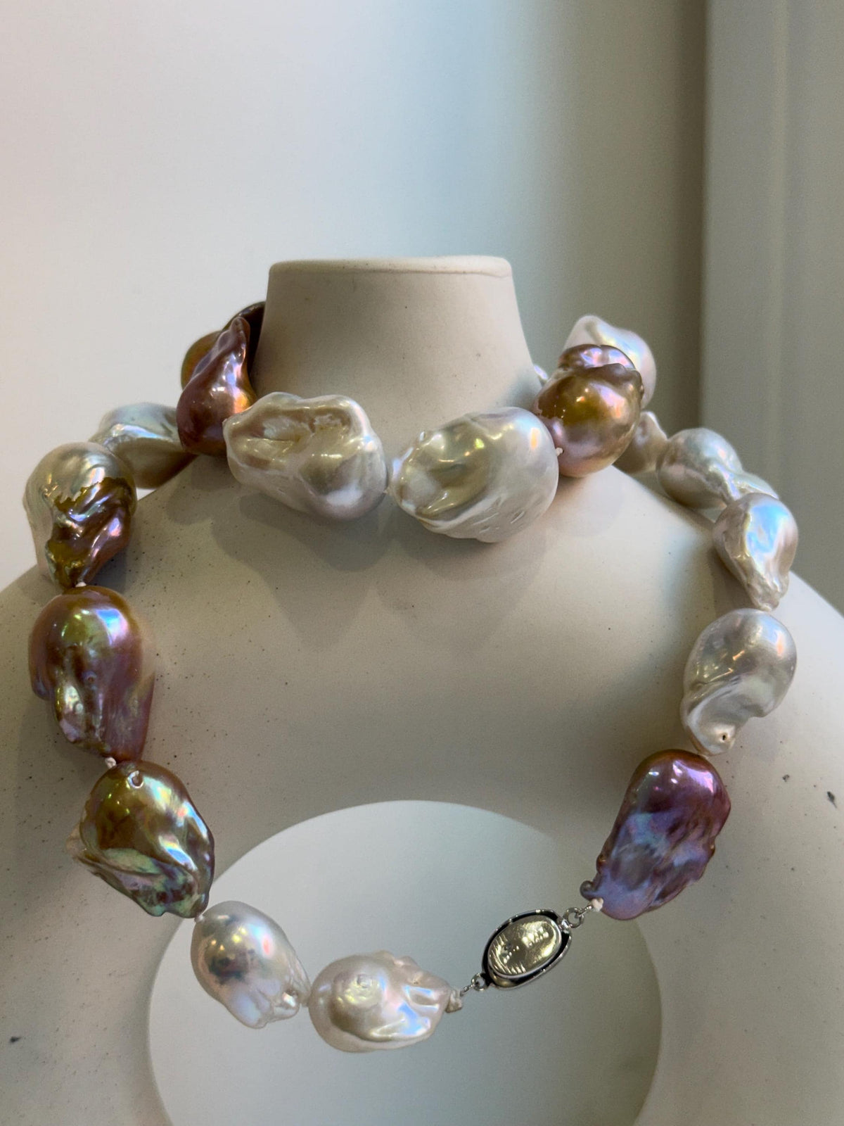 Elly’s 20.7” to 29mm Freshwater white rose gold iridescent Baroque Pearls Necklace: extreme luster mirrored, knotted, S925 silver necklace.gift for her