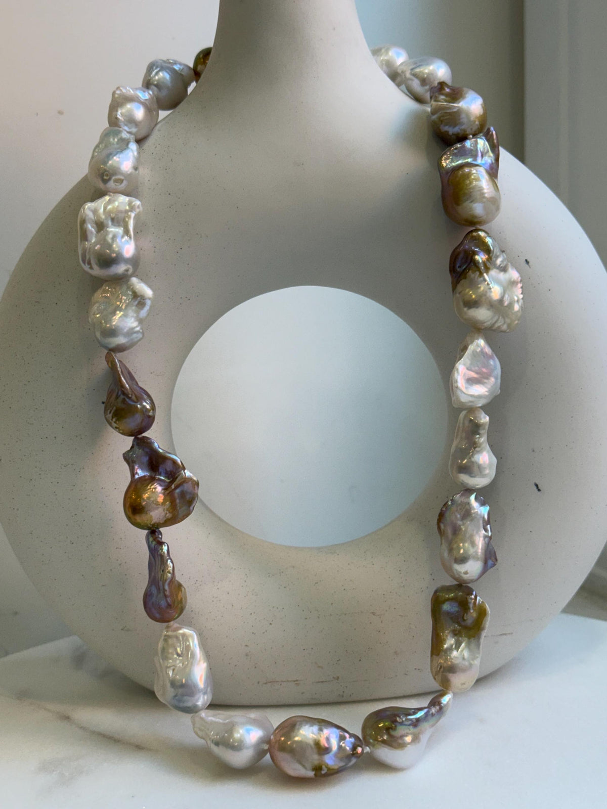 Elly’s 20.7” to 29mm Freshwater white rose gold iridescent Baroque Pearls Necklace: extreme luster mirrored, knotted, S925 silver necklace.gift for her