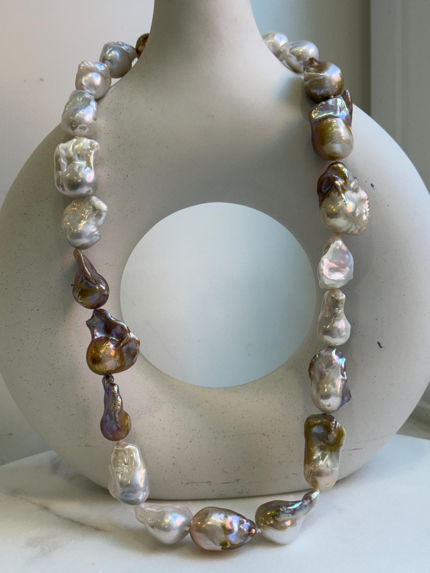 Elly’s 20.7” to 29mm Freshwater white rose gold iridescent Baroque Pearls Necklace: extreme luster mirrored, knotted, S925 silver necklace.gift for her