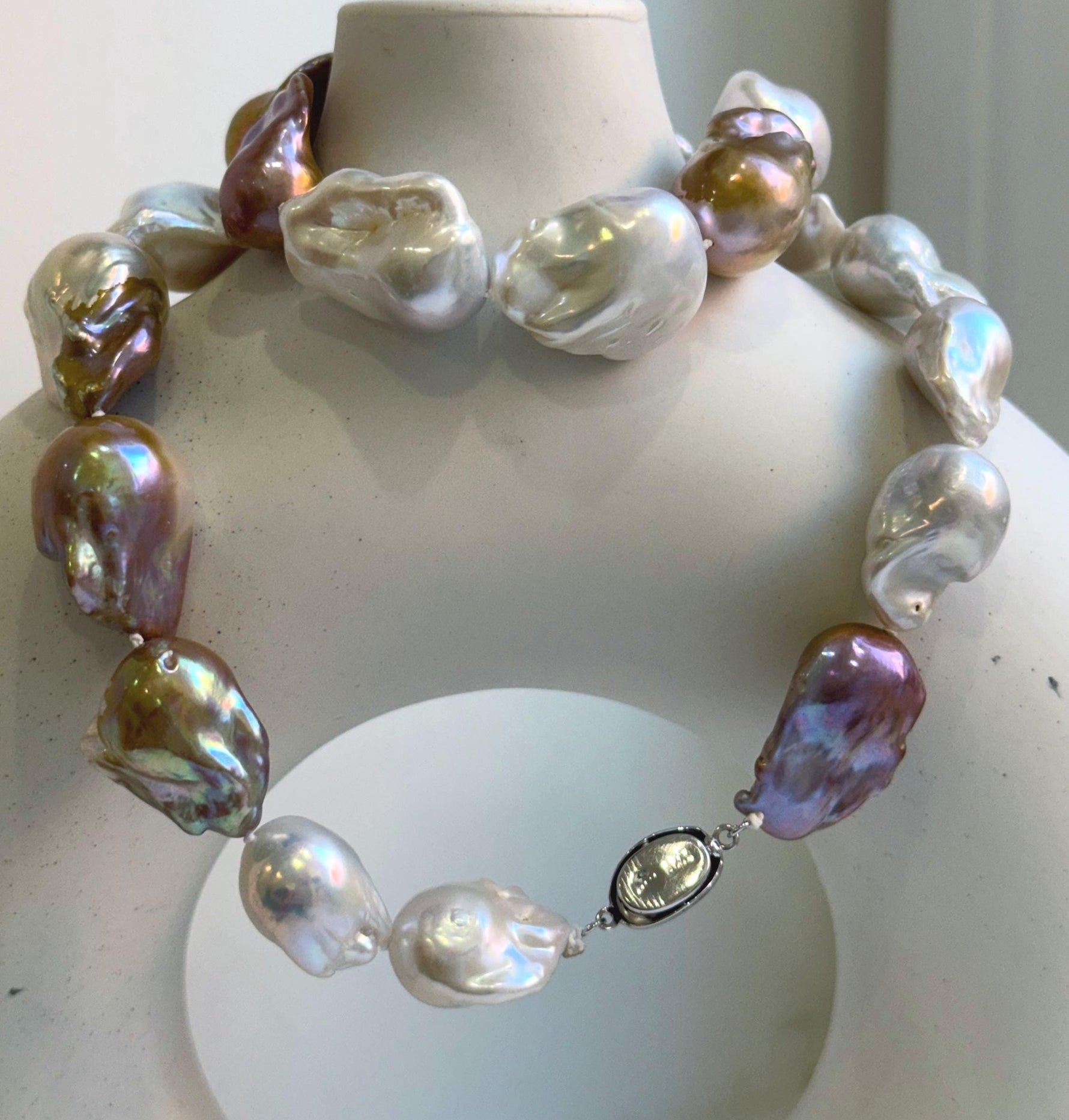 Elly’s 20.7” to 29mm Freshwater white rose gold iridescent Baroque Pearls Necklace: extreme luster mirrored, knotted, S925 silver necklace.