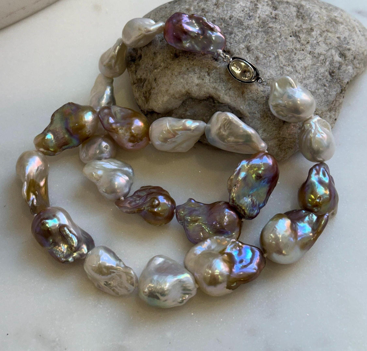 Elly’s 20.7” to 29mm Freshwater white rose gold iridescent Baroque Pearls Necklace: extreme luster mirrored, knotted, S925 silver necklace.gift for her daily wear necklace