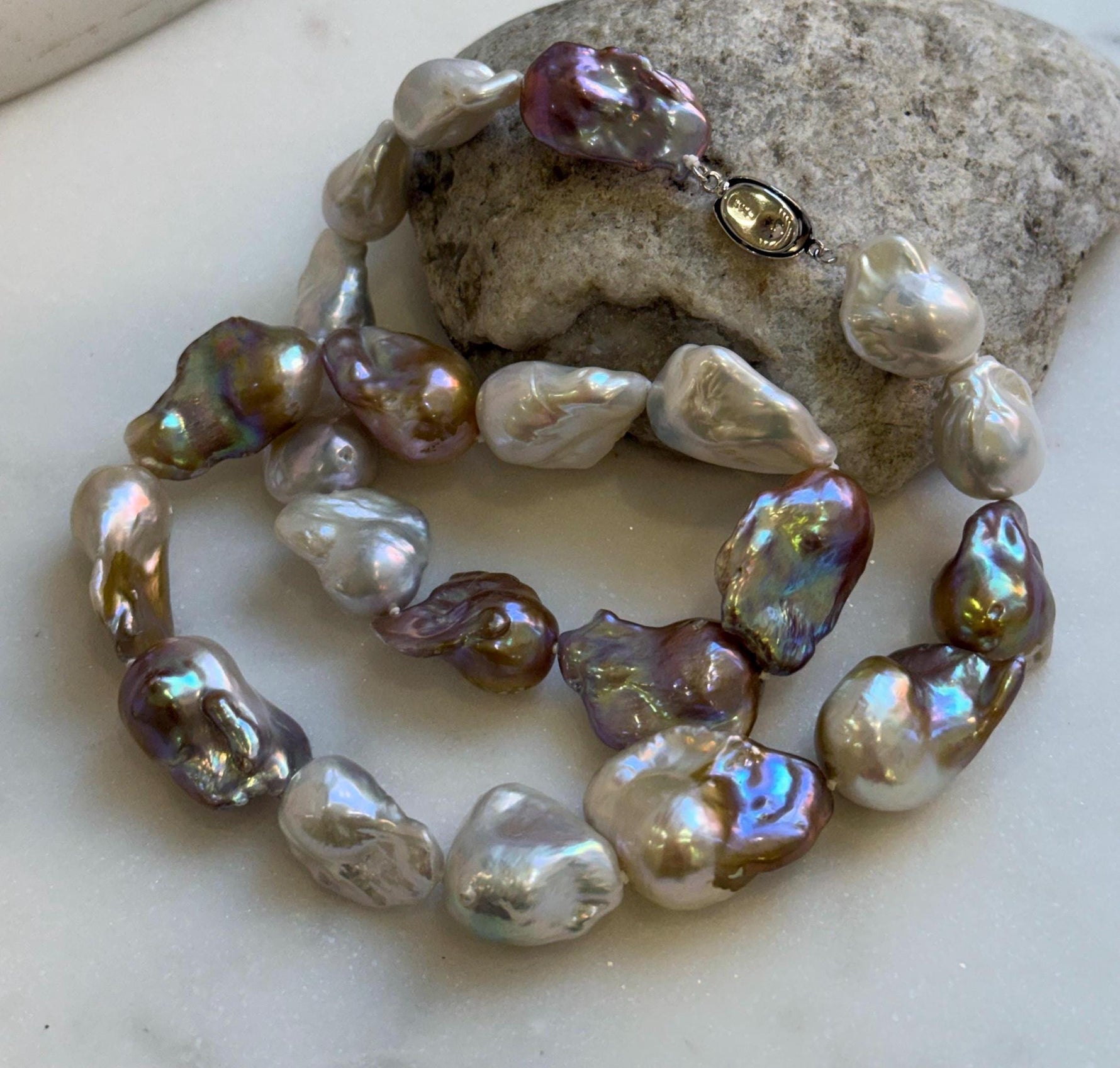 Elly’s 20.7” to 29mm Freshwater white rose gold iridescent Baroque Pearls Necklace: extreme luster mirrored, knotted, S925 silver necklace.gift for her