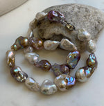 Elly’s 20.7” to 29mm Freshwater white rose gold iridescent Baroque Pearls Necklace: extreme luster mirrored, knotted, S925 silver necklace.gift for her