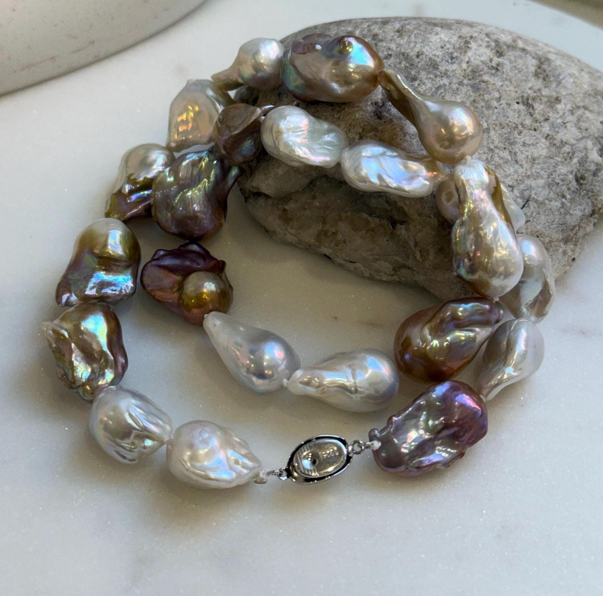 Elly’s 20.7” to 29mm Freshwater white rose gold iridescent Baroque Pearls Necklace: extreme luster mirrored, knotted, S925 silver necklace.gift for her