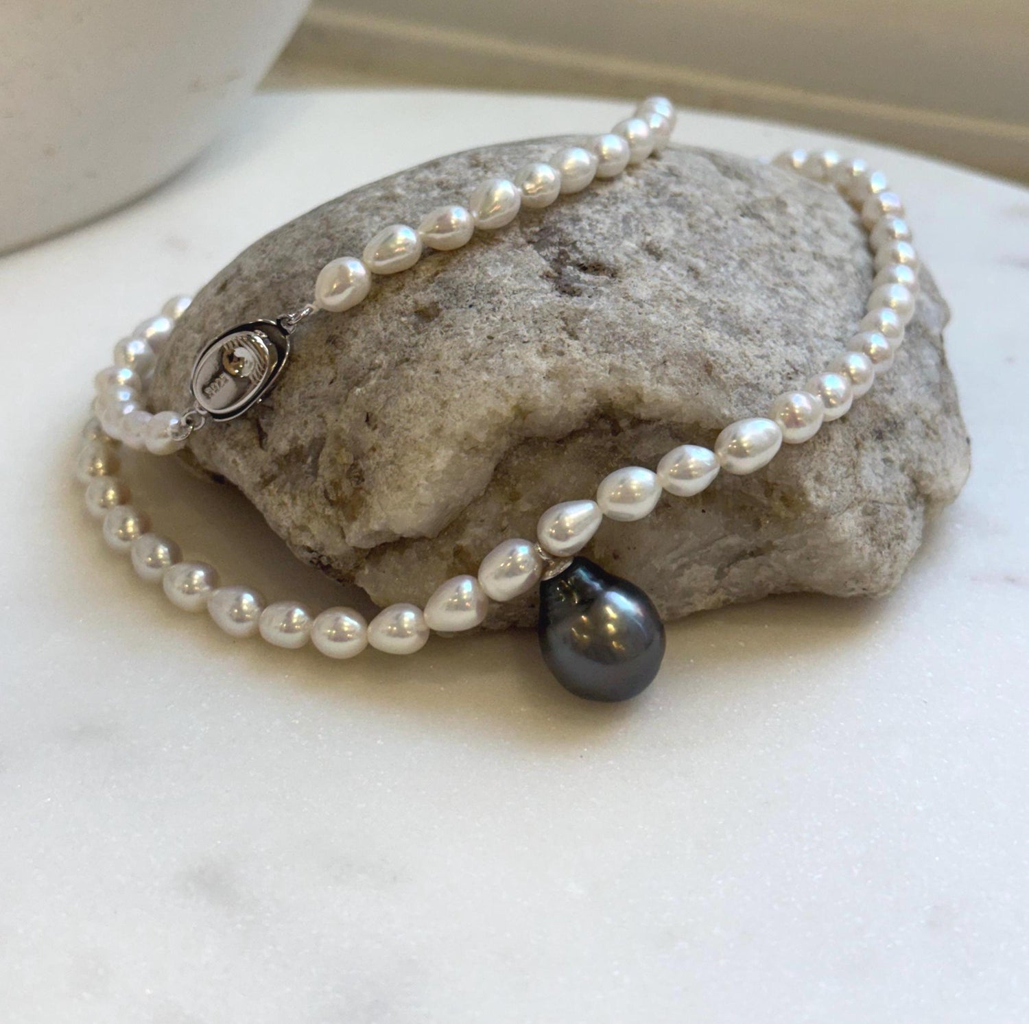 Elly’s 20.5” Tahitian ocean  platinum Freshelwater white Pearls Necklace: extreme luster mirrored, knotted, S925 silver necklace. gift for her birthday