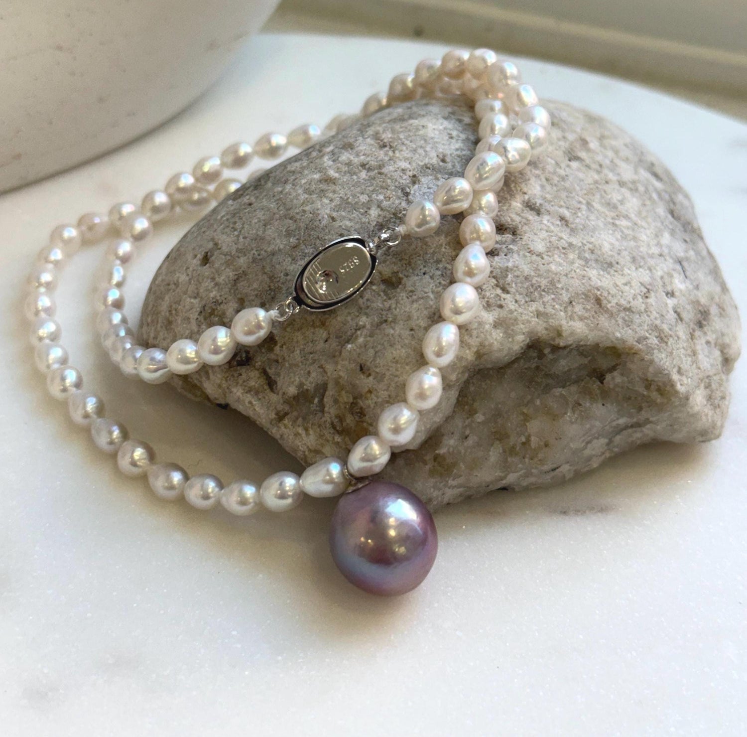 Elly’s 17” 12mm Freshwater Edison white purple Pearls Necklace: extreme luster mirrored, S925 silver necklace.gift for her anniversary