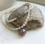 Elly’s 17” 12mm Freshwater Edison white purple Pearls Necklace: extreme luster mirrored, S925 silver necklace.gift for her holiday