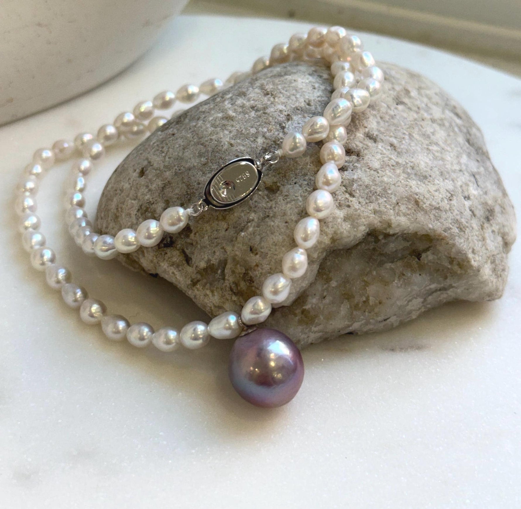 Elly’s 17” 12mm Freshwater Edison white purple Pearls Necklace: extreme luster mirrored, S925 silver necklace.gift for her holiday