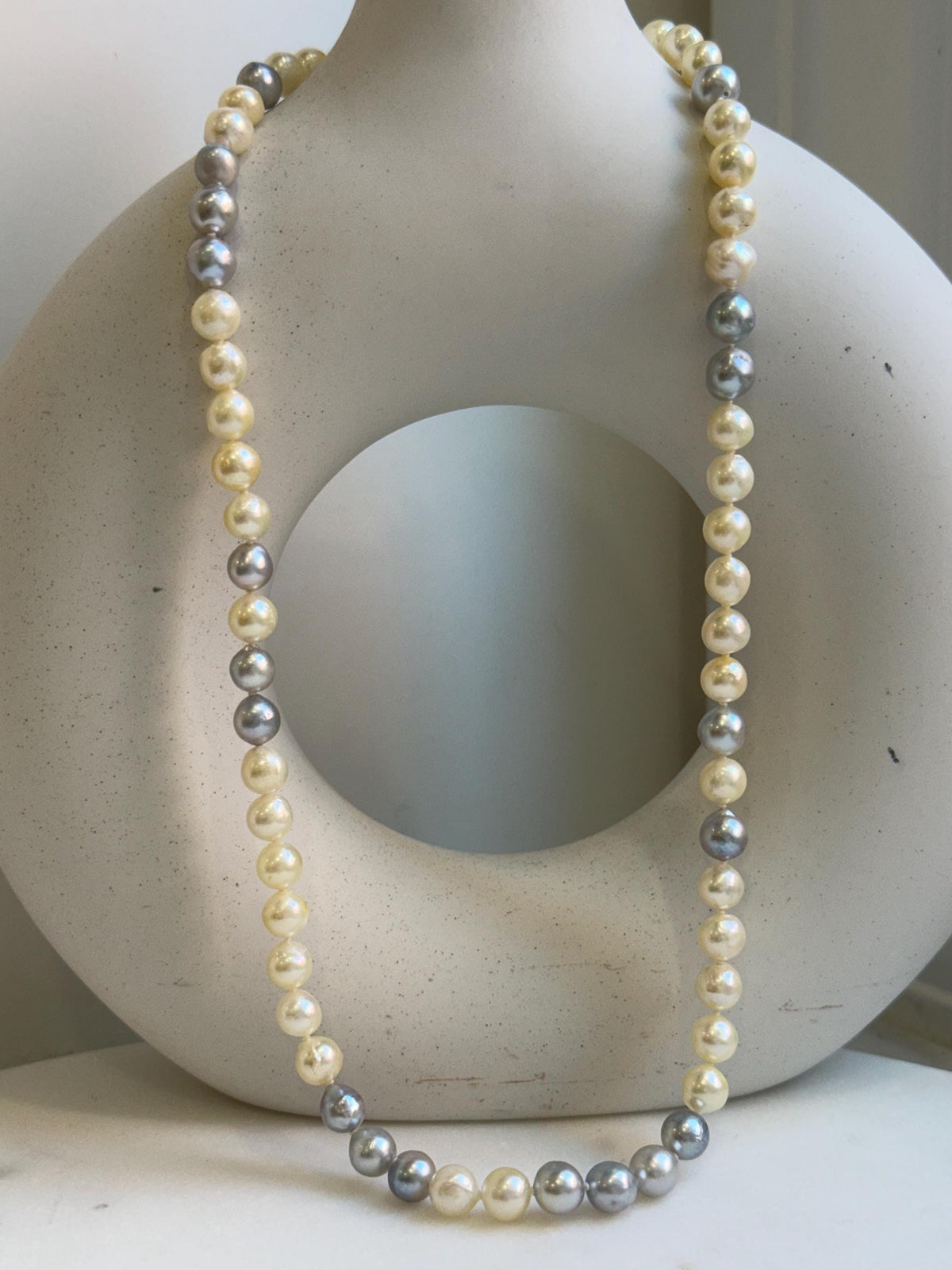Elly’s 7-7.6mm 62pcs Akoya Silver Golden Ocean pearls necklace choker:  Extreme luster mirrored, knotted 20.1”, S925 silver necklace. gift for her