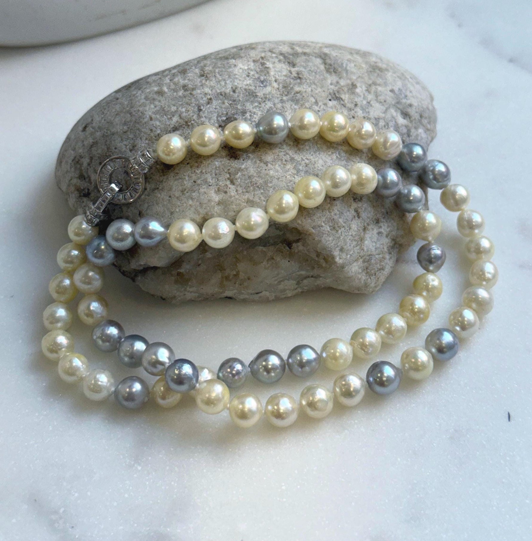 Elly’s 7-7.6mm 62pcs Akoya Silver Golden Ocean pearls necklace choker:  Extreme luster mirrored, knotted 20.1”, S925 silver necklace. gift for her holiday