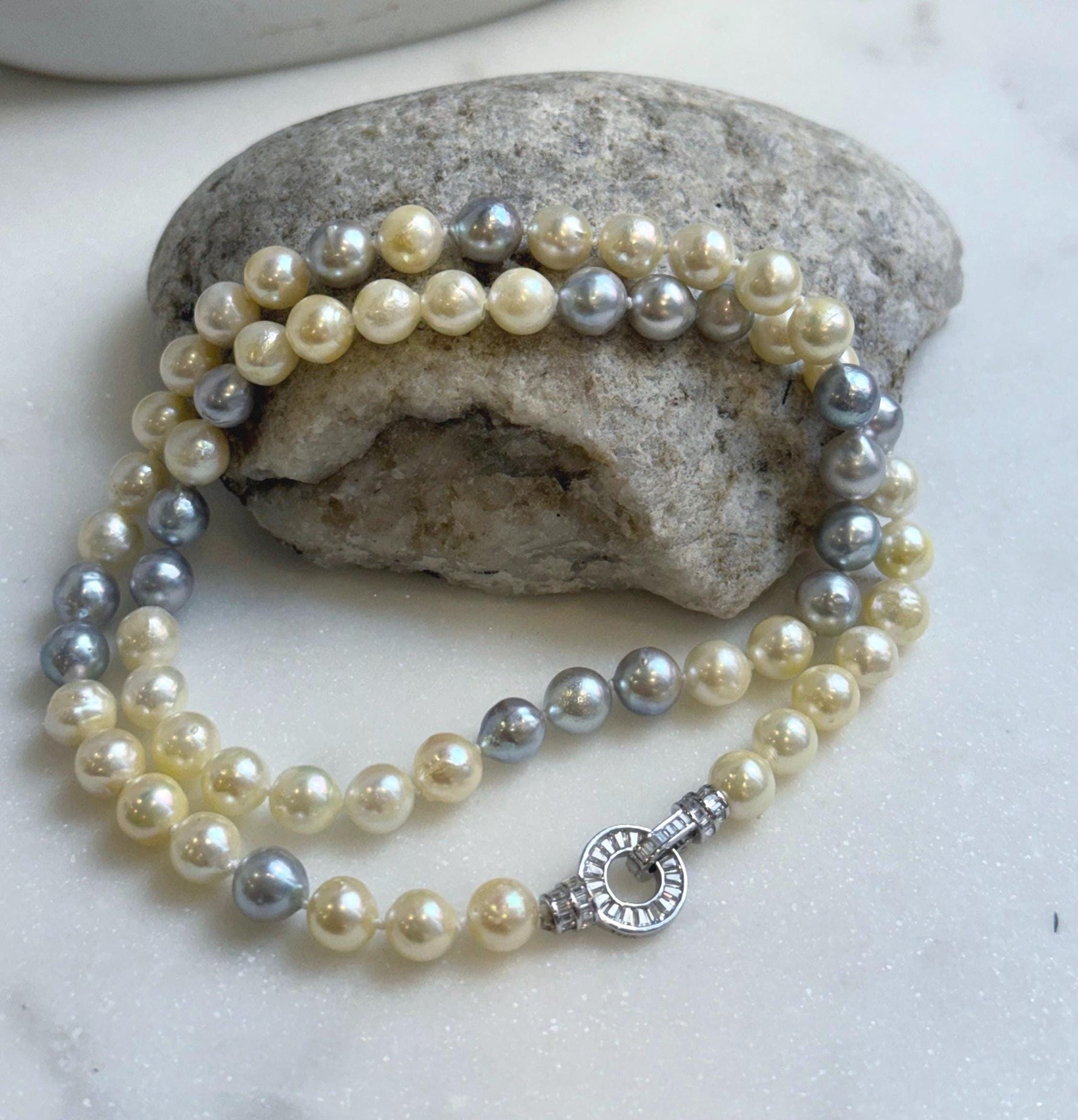 Elly’s 7-7.6mm 62pcs Akoya Silver Golden Ocean pearls necklace choker:  Extreme luster mirrored, knotted 20.1”, S925 silver necklace. gift for her