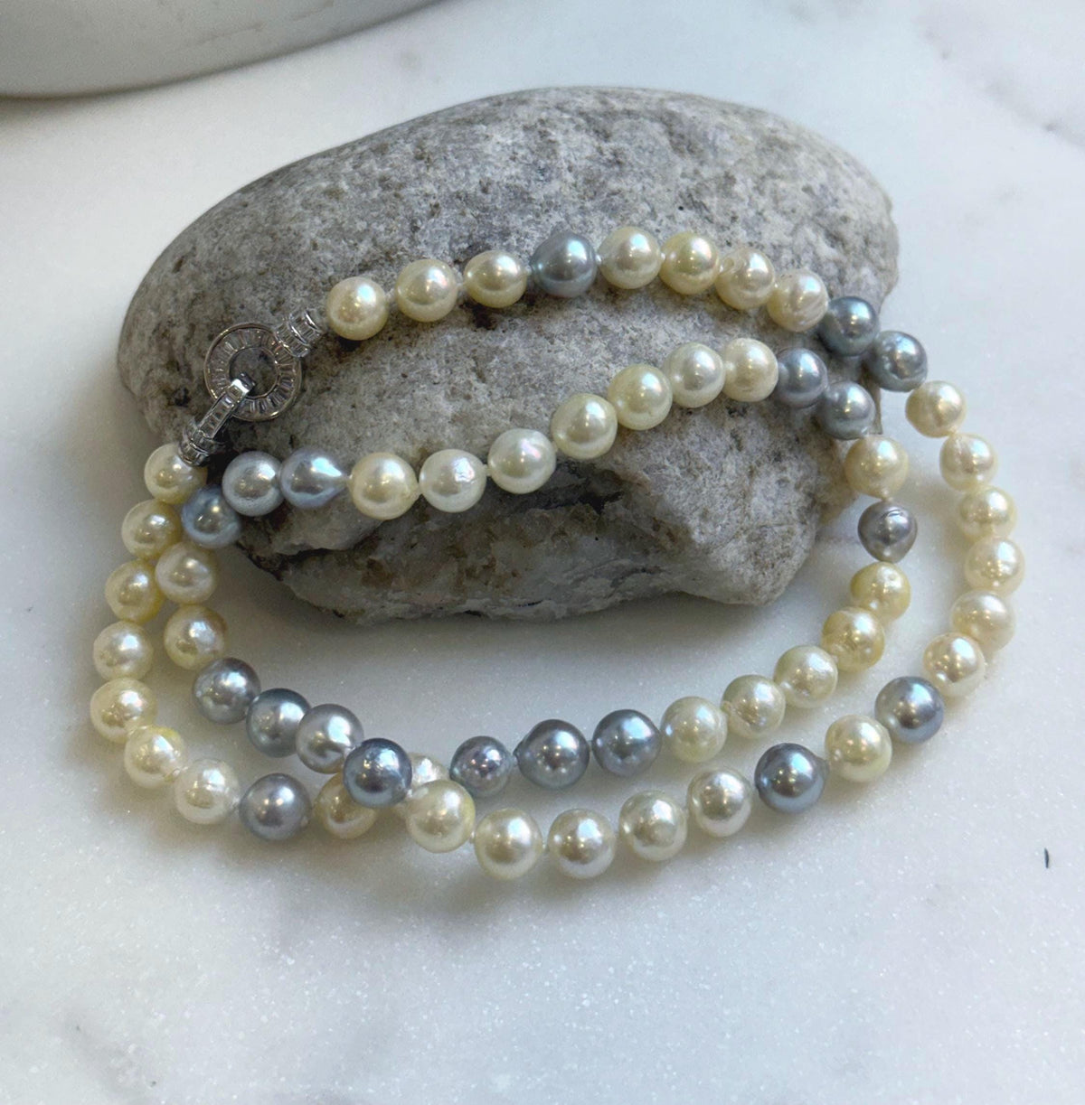 Elly’s 7-7.6mm 62pcs Akoya Silver Golden Ocean pearls necklace choker:  Extreme luster mirrored, knotted 20.1”, S925 silver necklace. gift for her