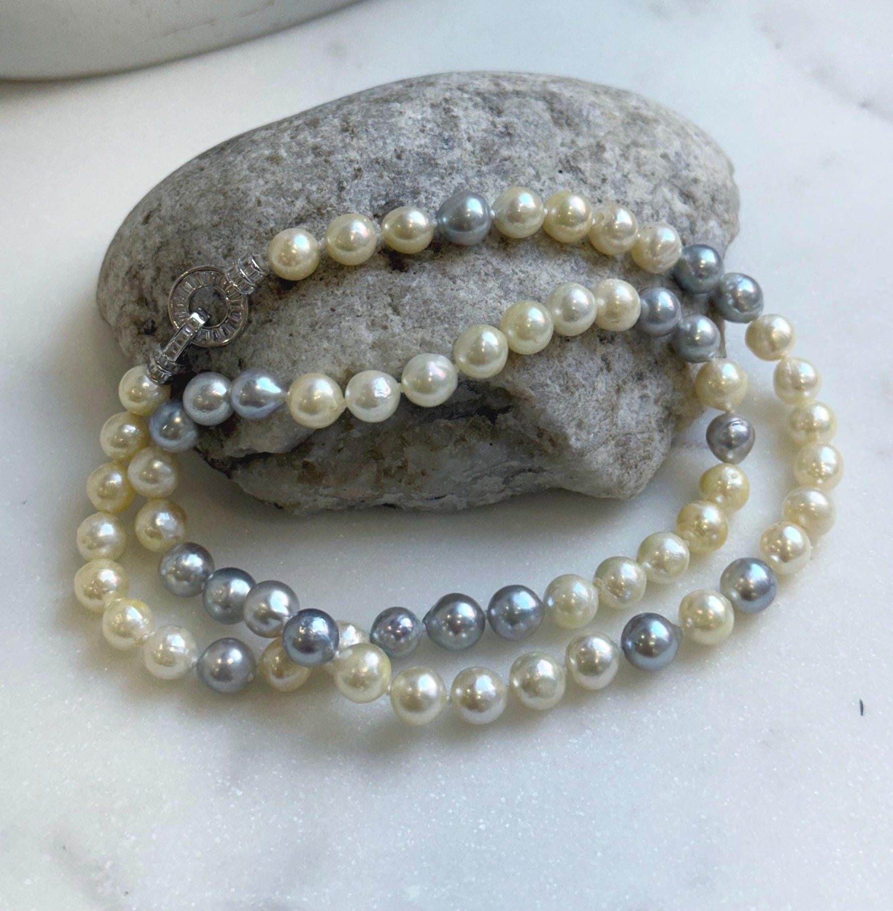 Elly’s 7-7.6mm 62pcs Akoya Silver Golden Ocean pearls necklace choker:  Extreme luster mirrored, knotted 20.1”, S925 silver necklace. gift for her
