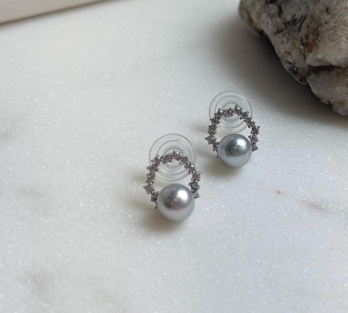 Elly’s 7.3mm Japanese Akoya ocean pearls Floral Ring Earrings Studs: Extreme luster mirrored, Blue silver pearls, S925 silver earrings. gift for her birthday