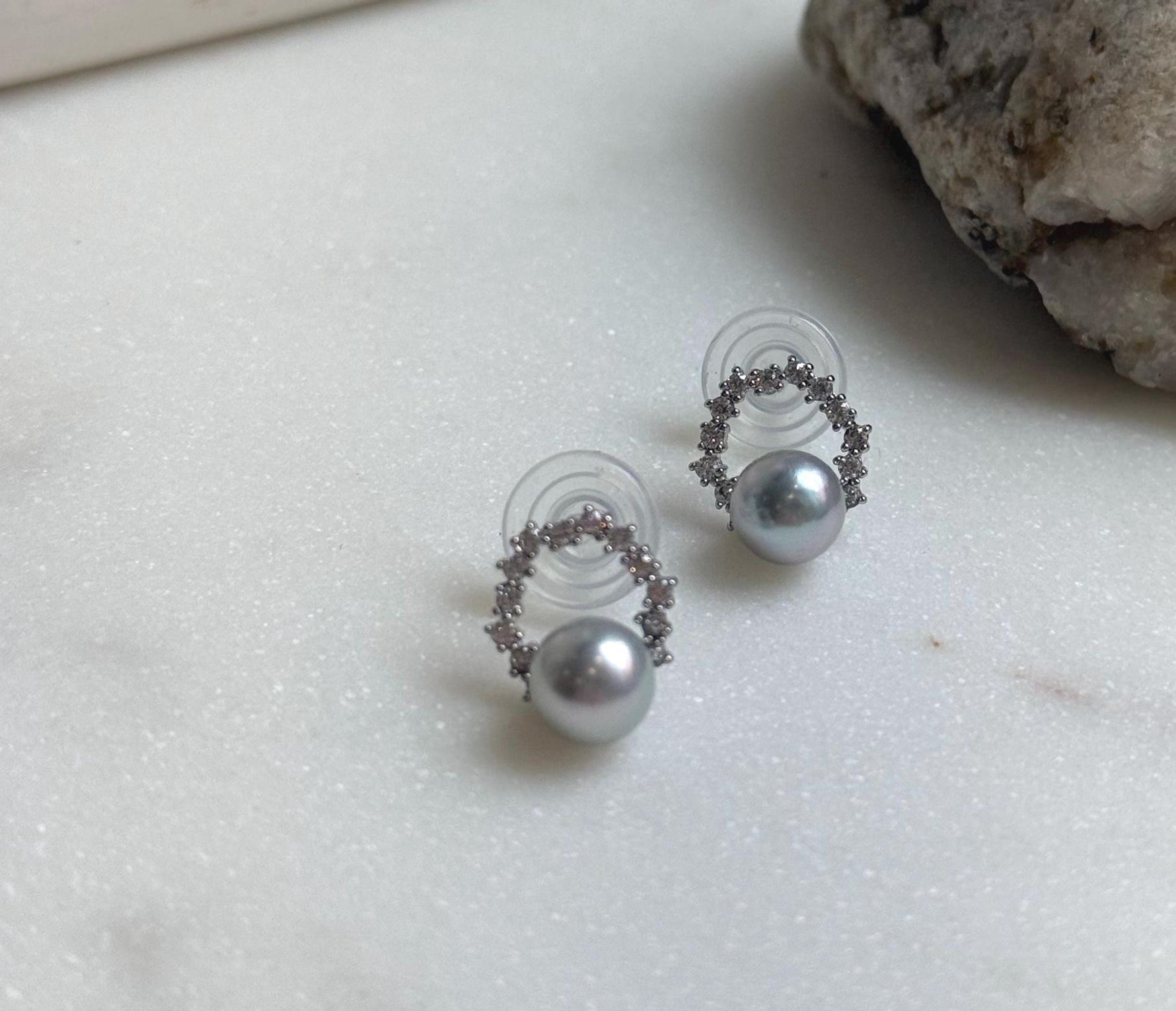 Elly’s 7.3mm Japanese Akoya ocean pearls Floral Ring Earrings Studs: Extreme luster mirrored, Blue silver pearls, S925 silver earrings. gift for her