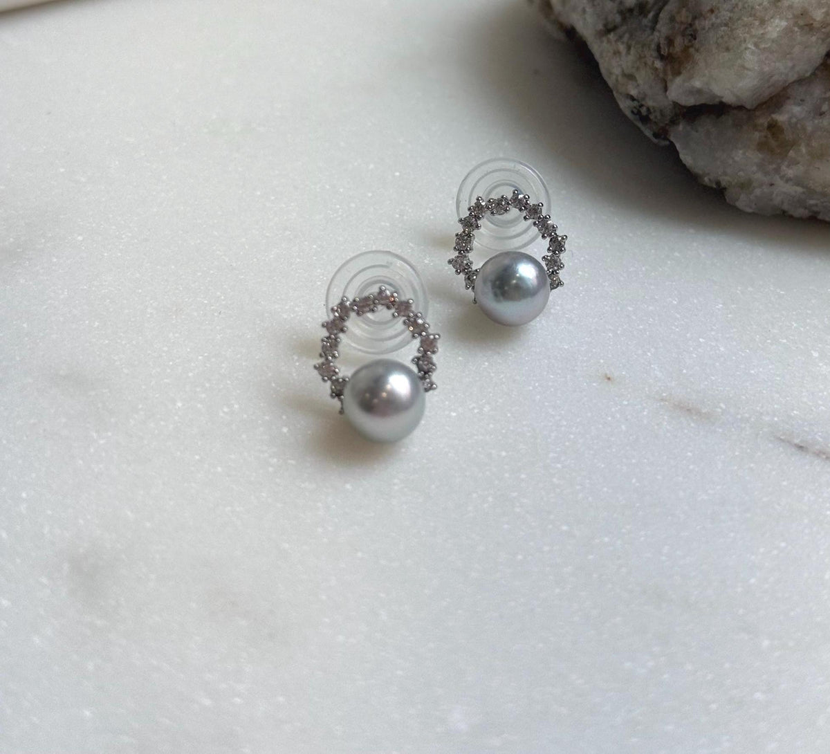 Elly’s 7.3mm Japanese Akoya ocean pearls Floral Ring Earrings Studs: Extreme luster mirrored, Blue silver pearls, S925 silver earrings. gift for her