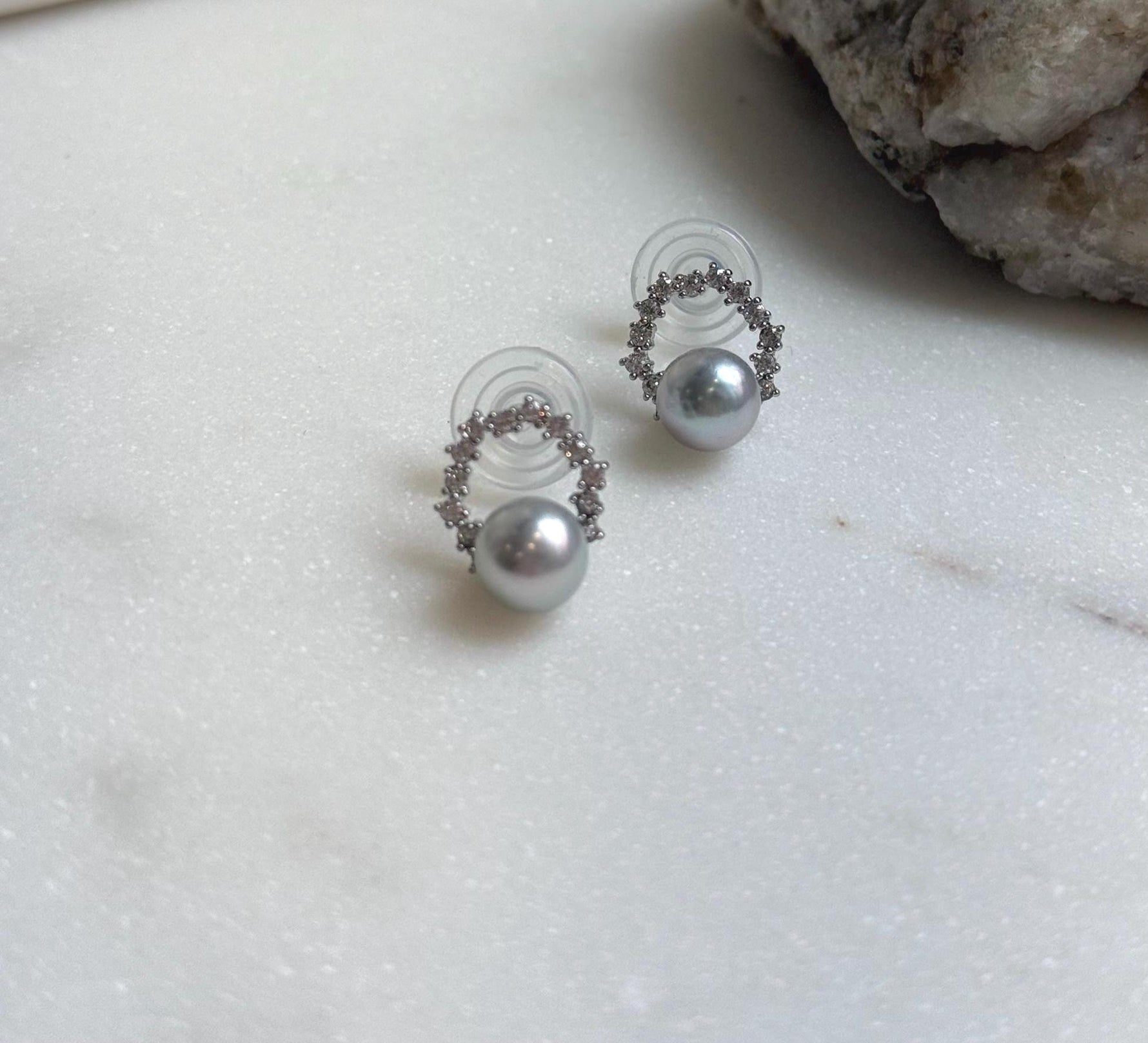 Elly’s 7.3mm Japanese Akoya ocean pearls Floral Ring Earrings Studs: Extreme luster mirrored, Blue silver pearls, S925 silver earrings. gift for her