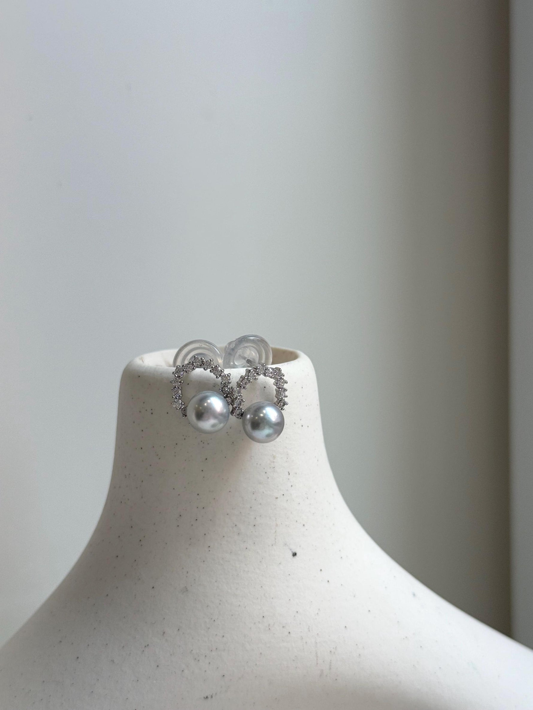 Elly’s 7.3mm Japanese Akoya ocean pearls Floral Ring Earrings Studs: Extreme luster mirrored, Blue silver pearls, S925 silver earrings. gift for her