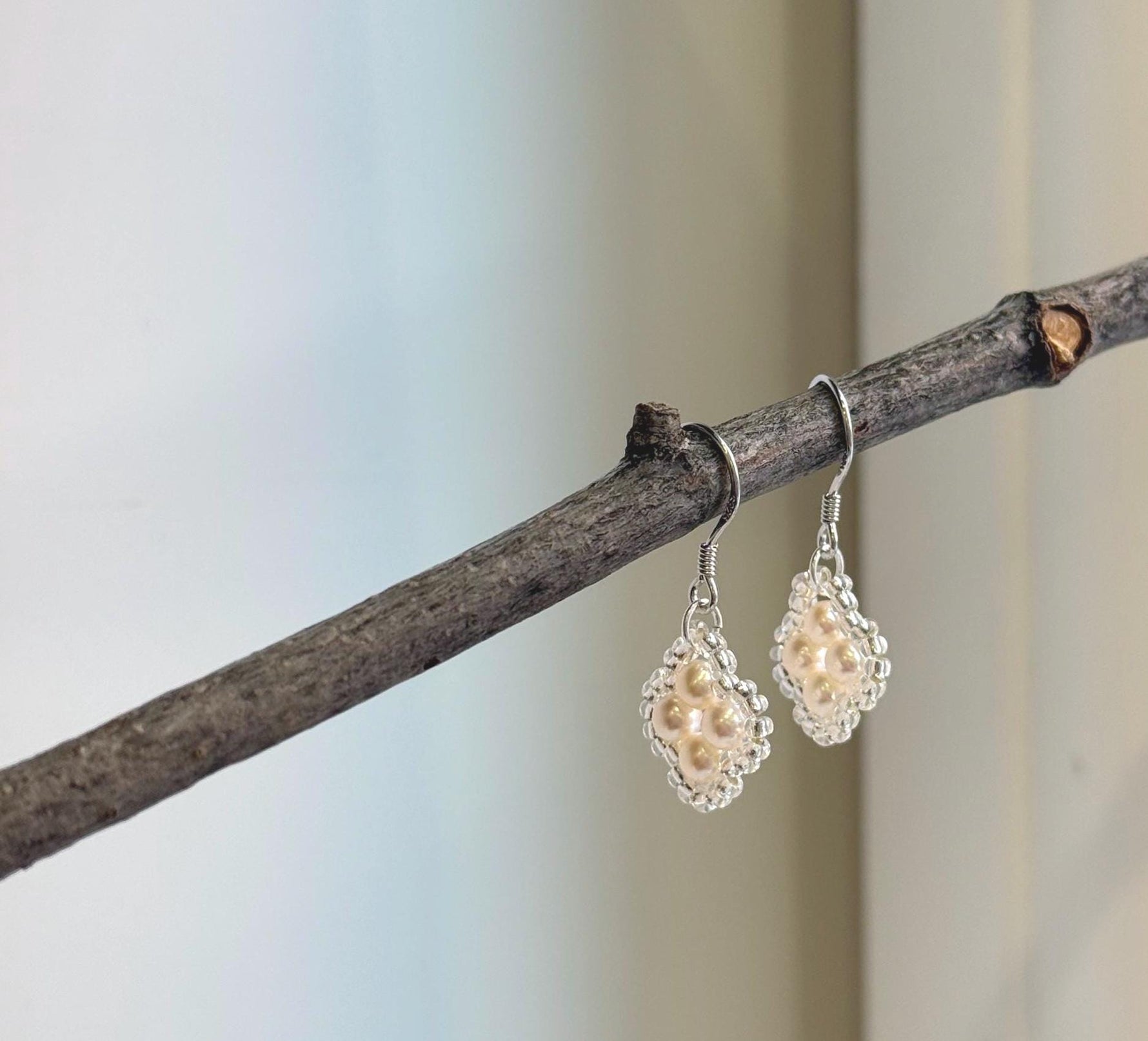 Elly’s Freshwater white Pearls Earrings hooks: Extreme luster Mirrored, 3.9mm, 2.8cm high, S925 silver cute earrings.