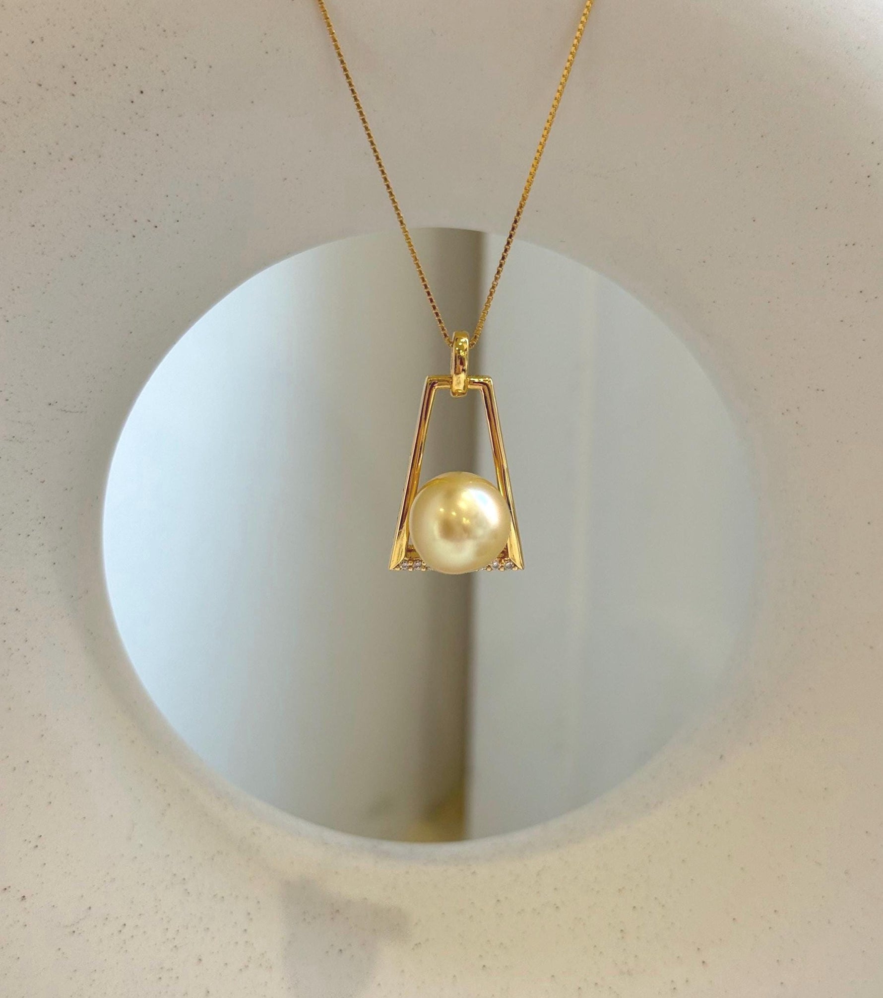 Elly’s 10.8mm South sea golden Pearl pendant: Extreme luster mirrored, ultra gold pearl, 2.6cm high, S925 silver Vintage pendant chain set. gift for her birthday