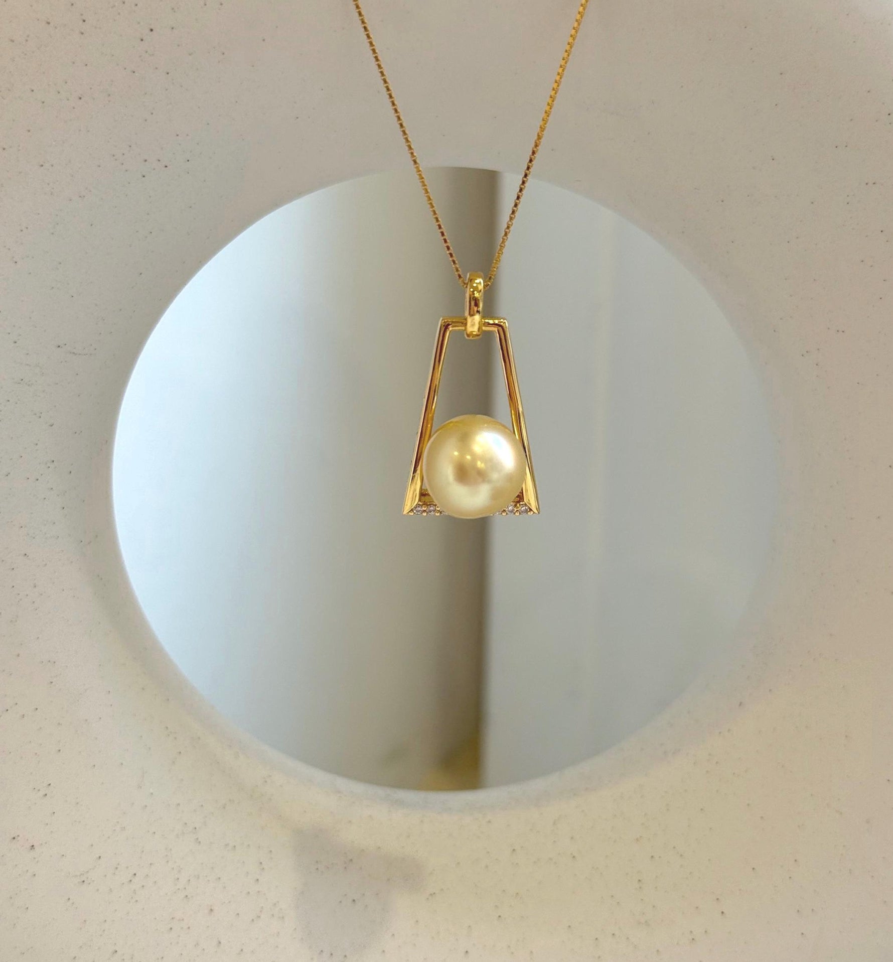 Elly’s 10.8mm South sea golden Pearl pendant: Extreme luster mirrored, ultra gold pearl, 2.6cm high, S925 silver Vintage pendant chain set. gift for her birthday