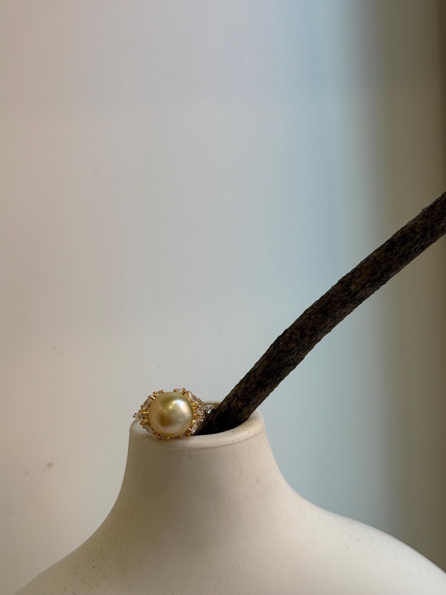Elly’s 10.8mm South sea pure golden ocean pearl Ring: Extreme luster mirrored, S925 silver with gold plated adjustable floral Ring. gift for her
