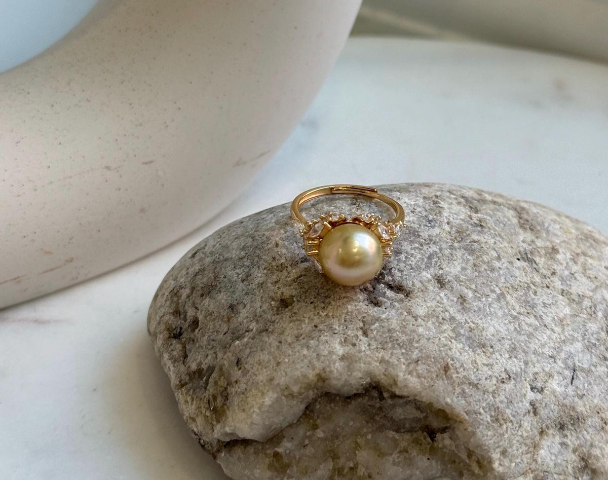 Elly’s 10.8mm South sea pure golden ocean pearl Ring: Extreme luster mirrored, S925 silver with gold plated adjustable floral Ring. gift for her
