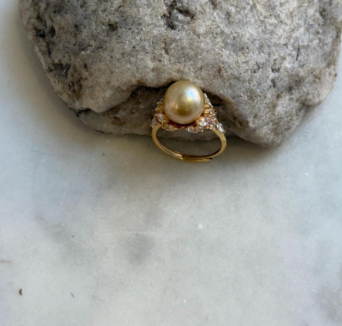 Elly’s 10.8mm South sea pure golden ocean pearl Ring: Extreme luster mirrored, S925 silver with gold plated adjustable floral Ring. gift for her