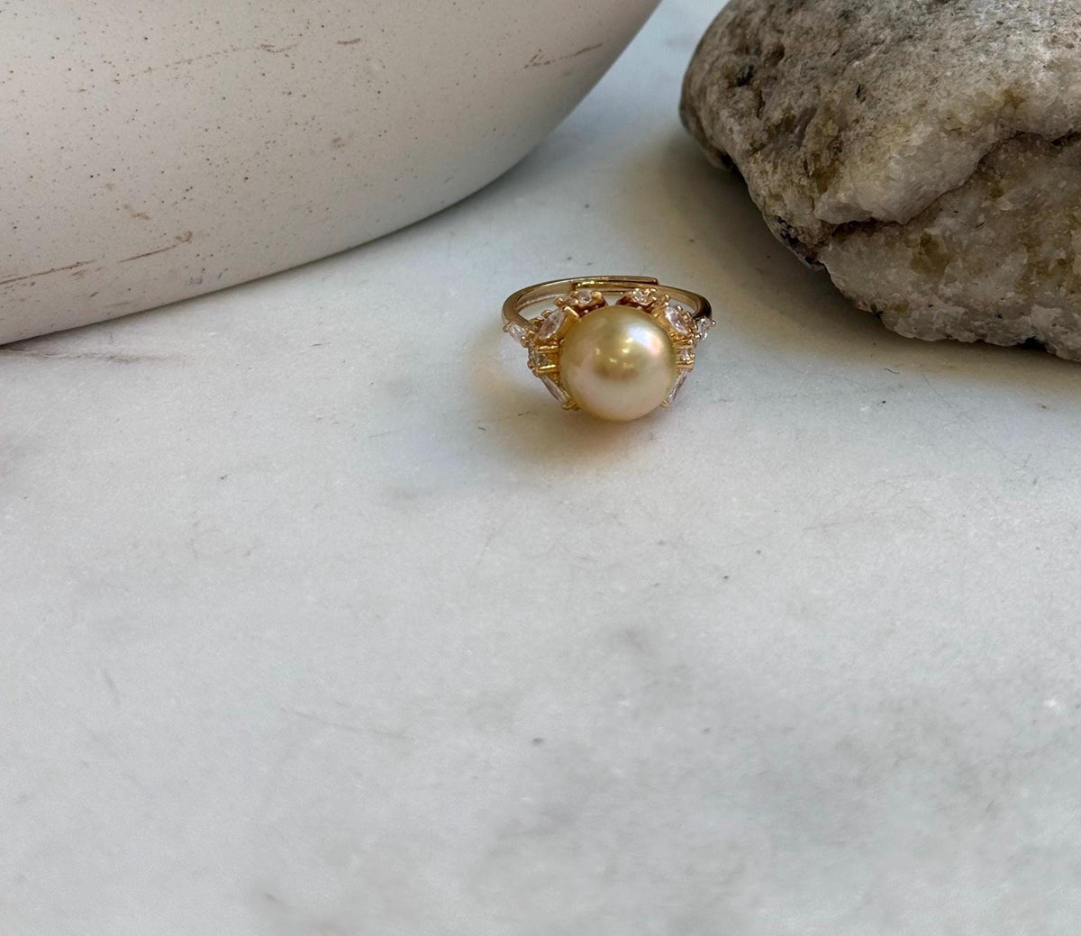 Elly’s 10.8mm South sea pure golden ocean pearl Ring: Extreme luster mirrored, S925 silver with gold plated adjustable floral Ring. gift for her
