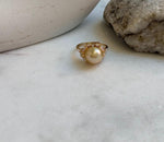 Elly’s 10.8mm South sea pure golden ocean pearl Ring: Extreme luster mirrored, S925 silver with gold plated adjustable floral Ring. gift for her