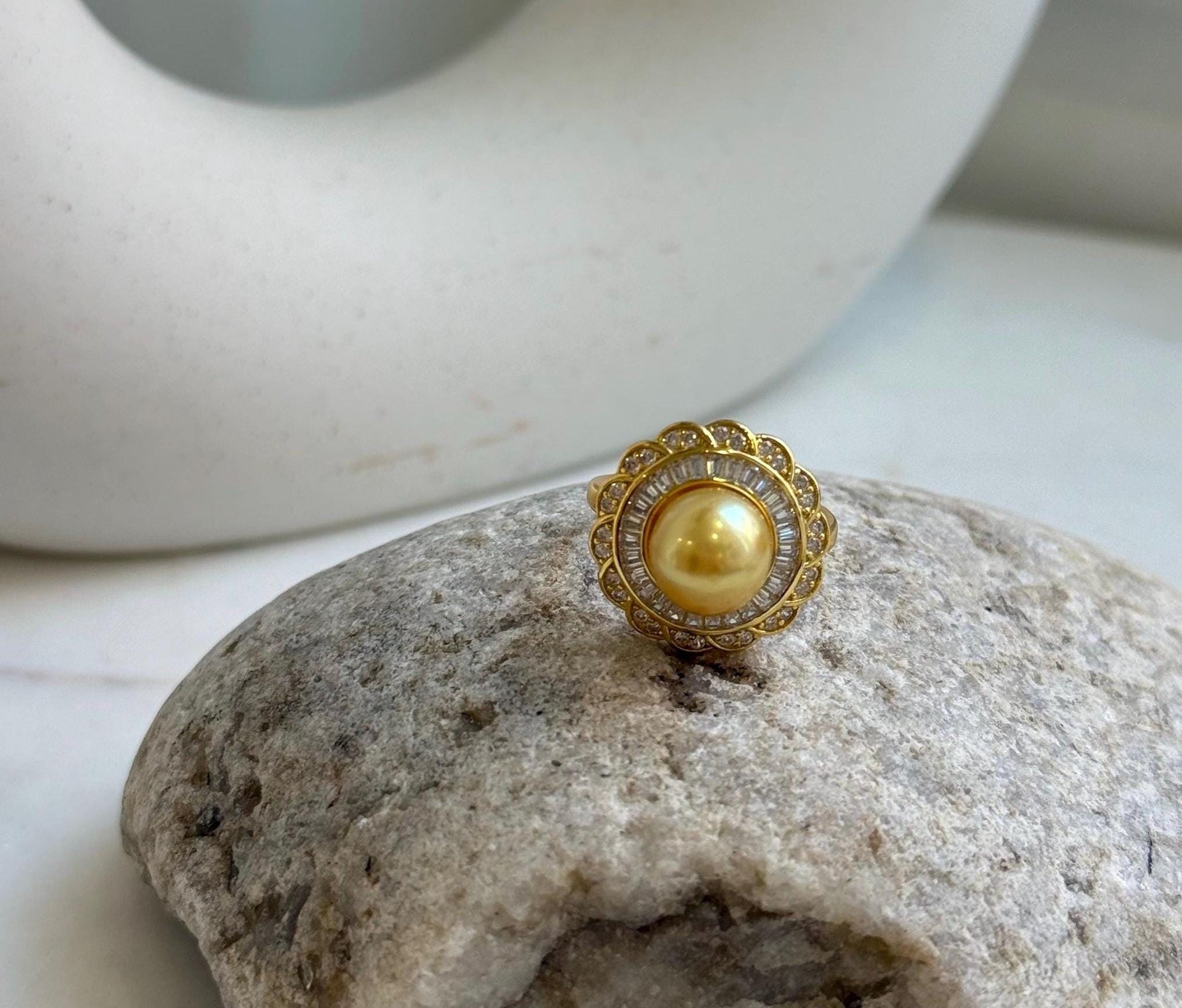 Elly’s 8.9mm Rare South sea deep Tea golden ocean pearl Ring: Extreme luster mirrored, S925 silver with gold plated adjustable floral Ring. gift for her anniversary
