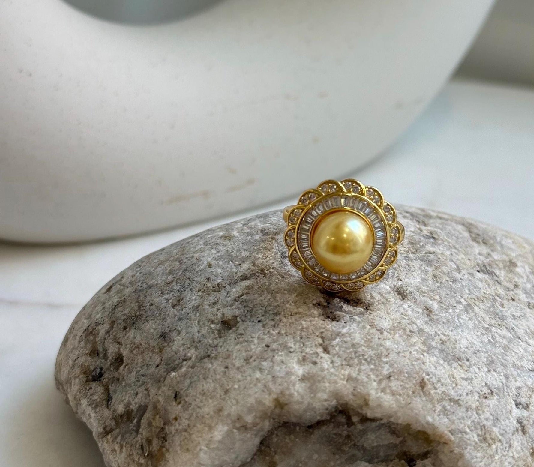 Elly’s 8.9mm Rare South sea deep Tea golden ocean pearl Ring: Extreme luster mirrored, S925 silver with gold plated adjustable floral Ring. gift for her