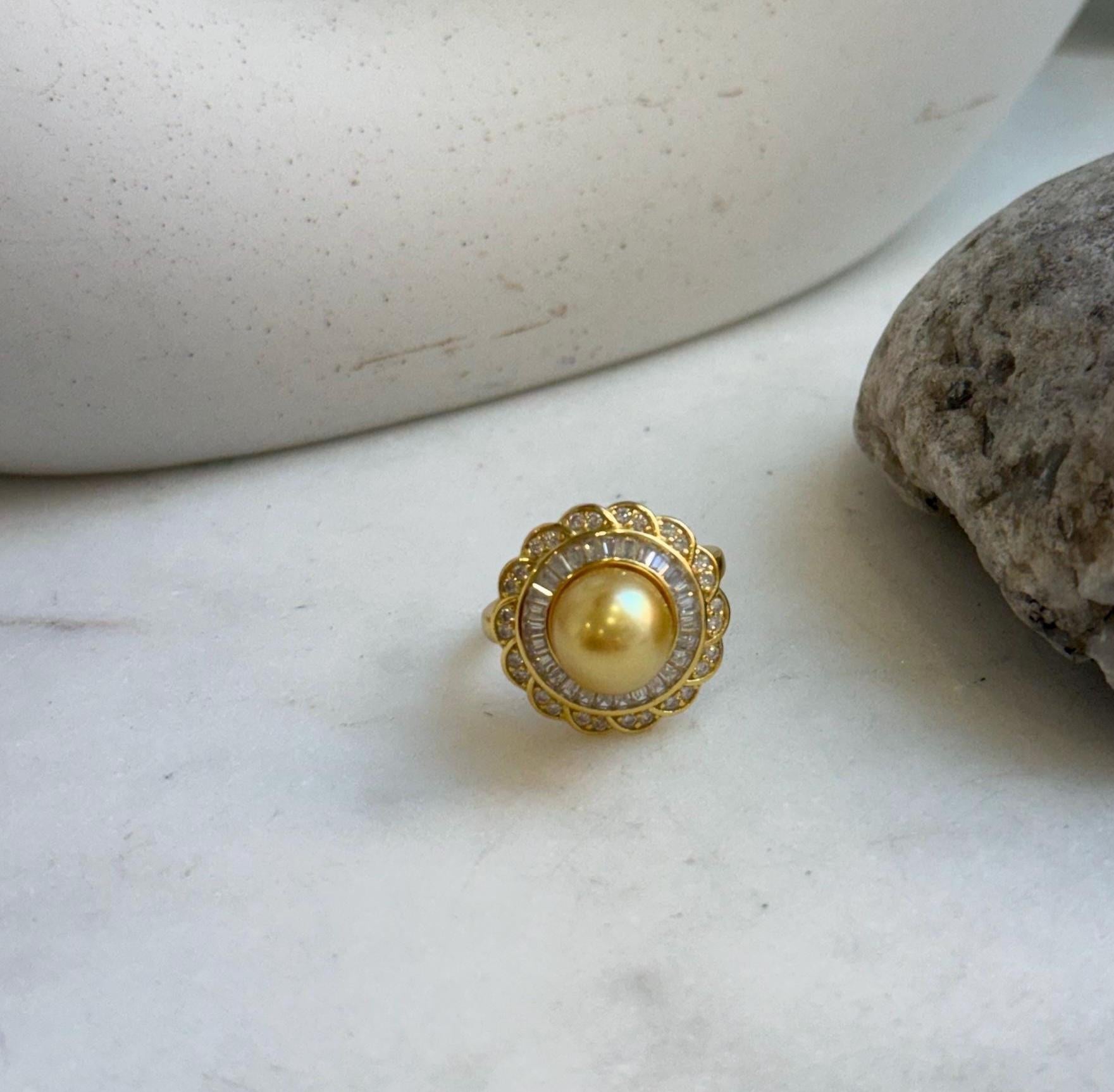 Elly’s 8.9mm Rare South sea deep Tea golden ocean pearl Ring: Extreme luster mirrored, S925 silver with gold plated adjustable floral Ring. gift for her