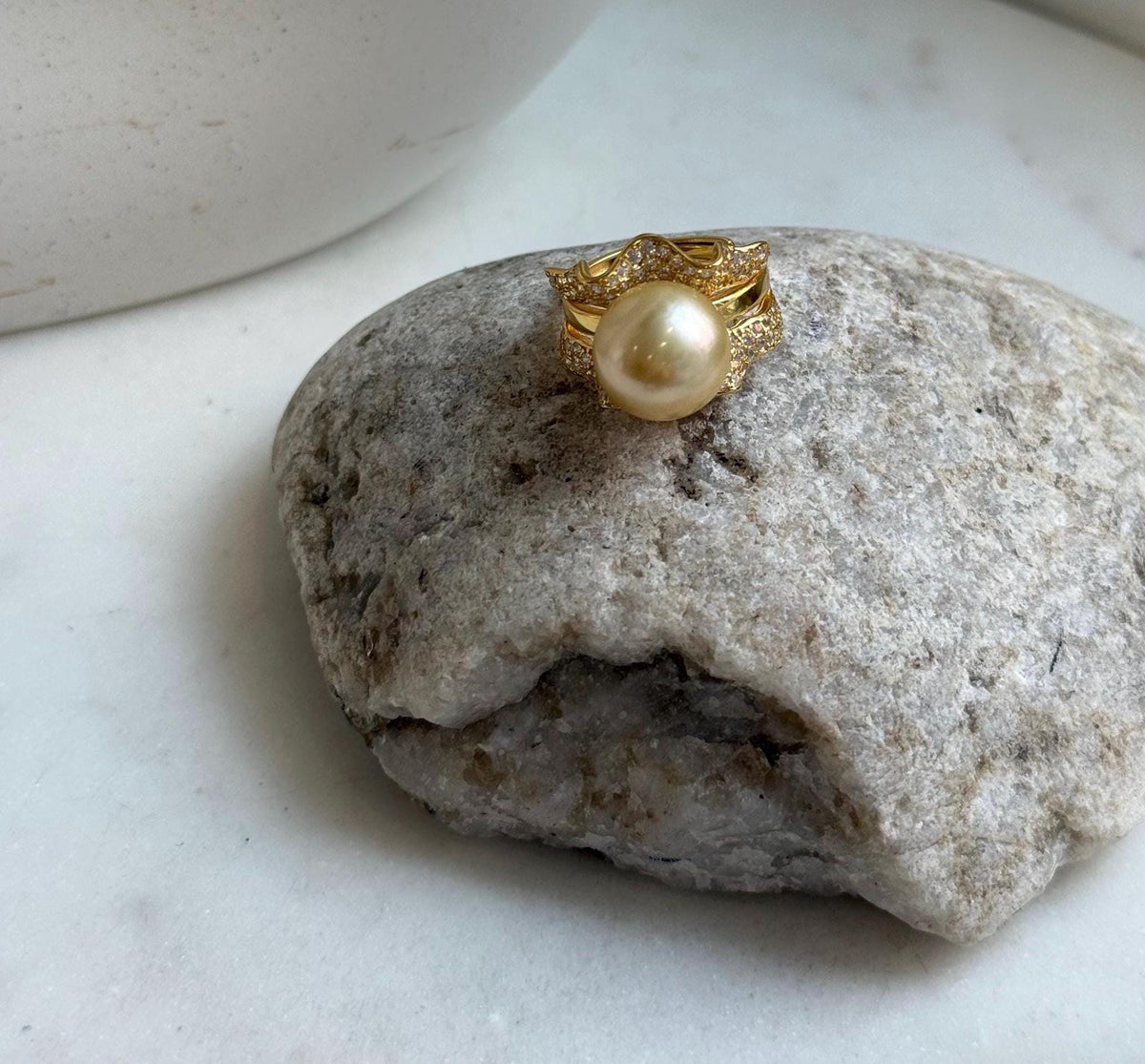 Elly’s 12.3mm South sea ultra golden ocean pearl Ring: Extreme luster mirrored, S925 silver with gold plated adjustable floral Ring. gift for her holiday