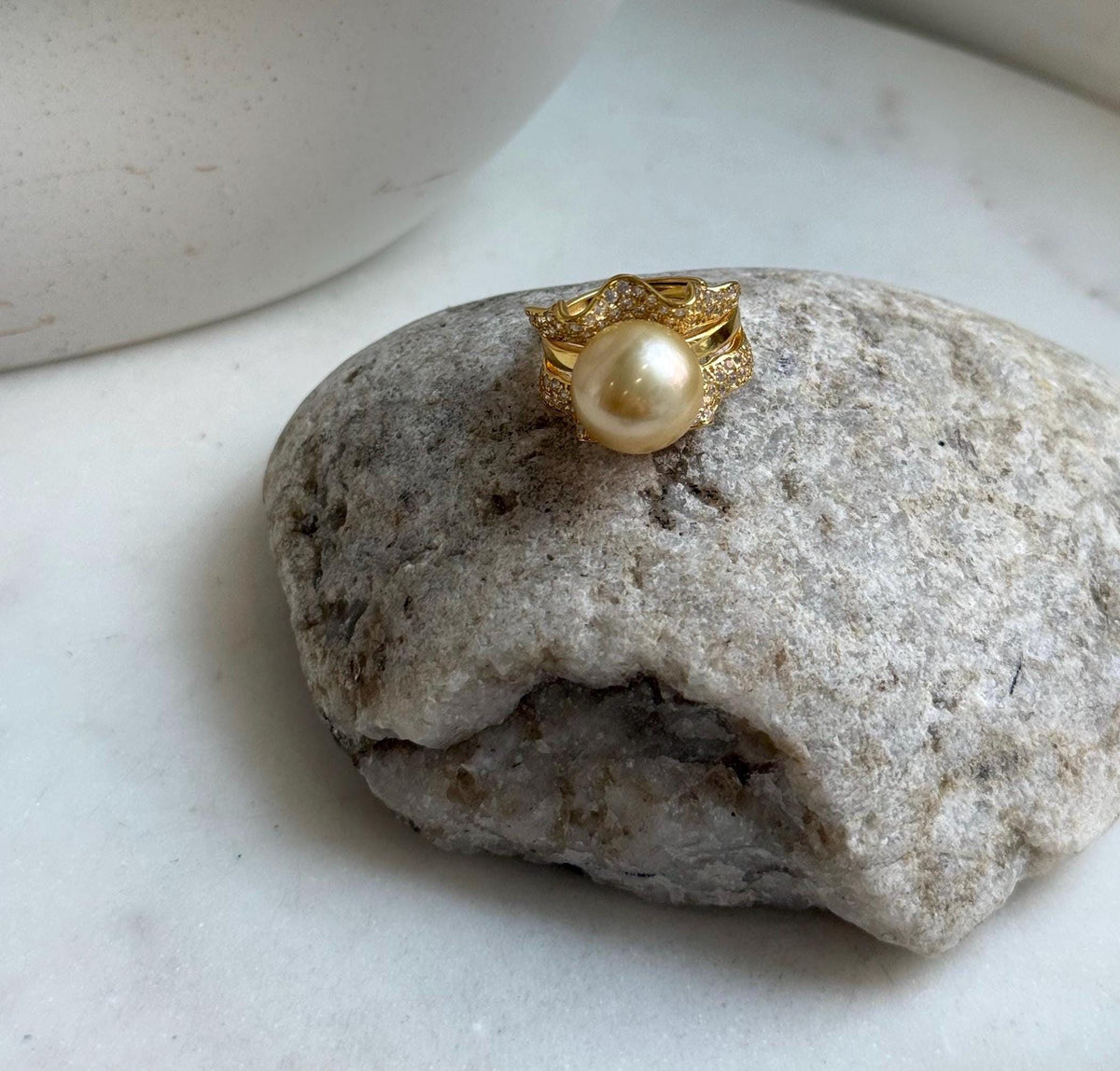 Elly’s 12.3mm South sea ultra golden ocean pearl Ring: Extreme luster mirrored, S925 silver with gold plated adjustable floral Ring. gift for her Valentine’s Day