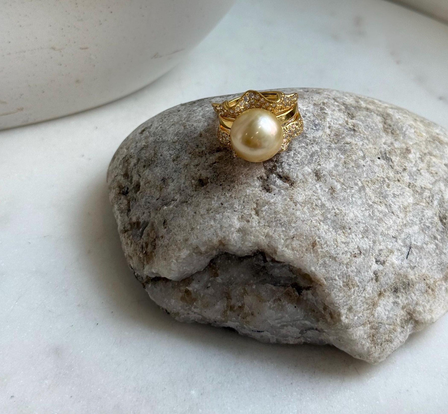 Elly’s 12.3mm South sea ultra golden ocean pearl Ring: Extreme luster mirrored, S925 silver with gold plated adjustable floral Ring. gift for her Valentine’s Day