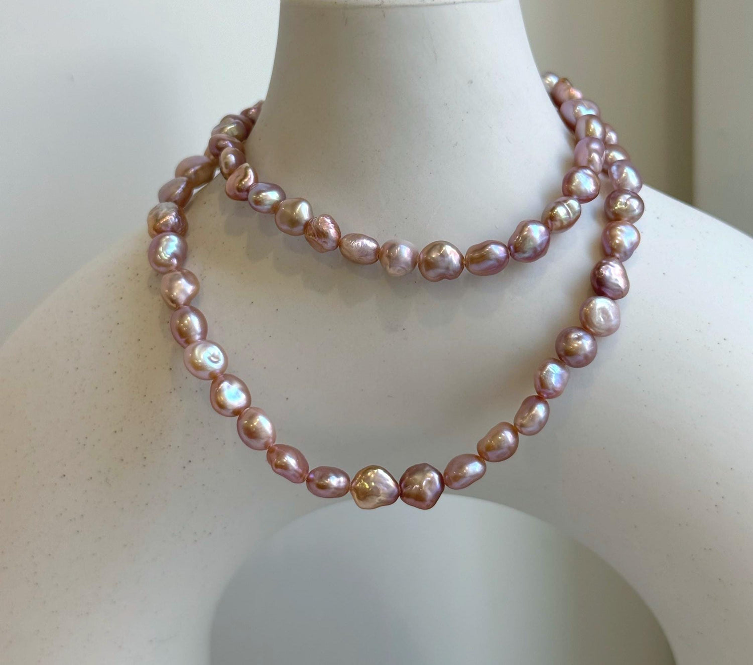 Elly’s pink rose iridescent Keshi Pearls Necklace Strand: Extreme luster mirrored, 5-6mm, 17.7”, S925 silver necklace.
