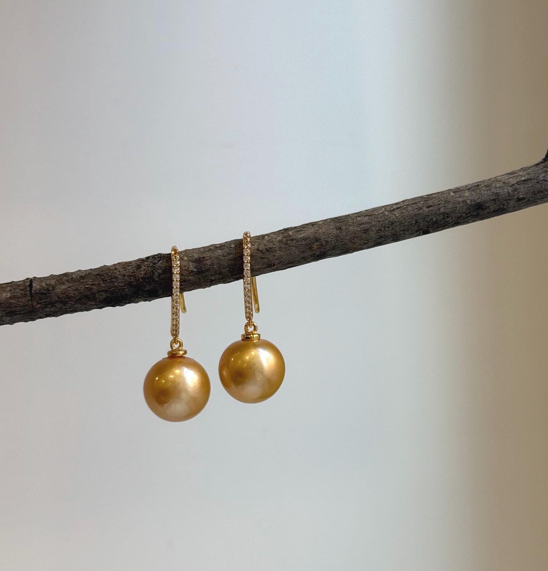 Elly’s 10.8mm Edison deep gold Pearls Earrings Hooks: Extreme luster Mirrored,  2.8cm high, S925 silver earrings. gift for her