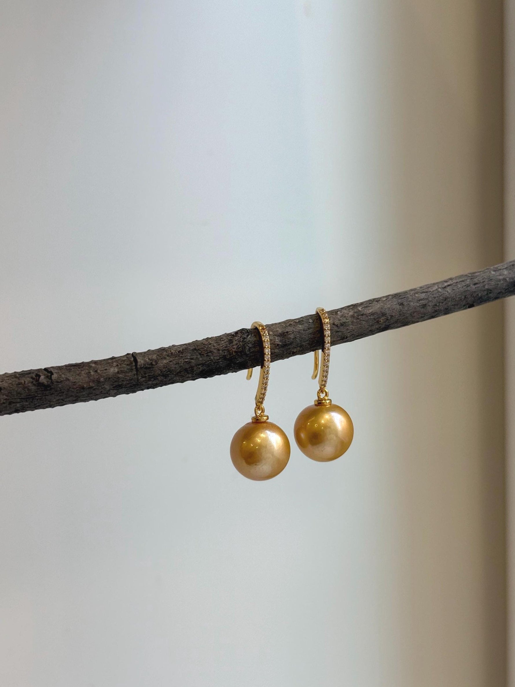 Elly’s 10.8mm Edison deep gold Pearls Earrings Hooks: Extreme luster Mirrored,  2.8cm high, S925 silver earrings. gift for her